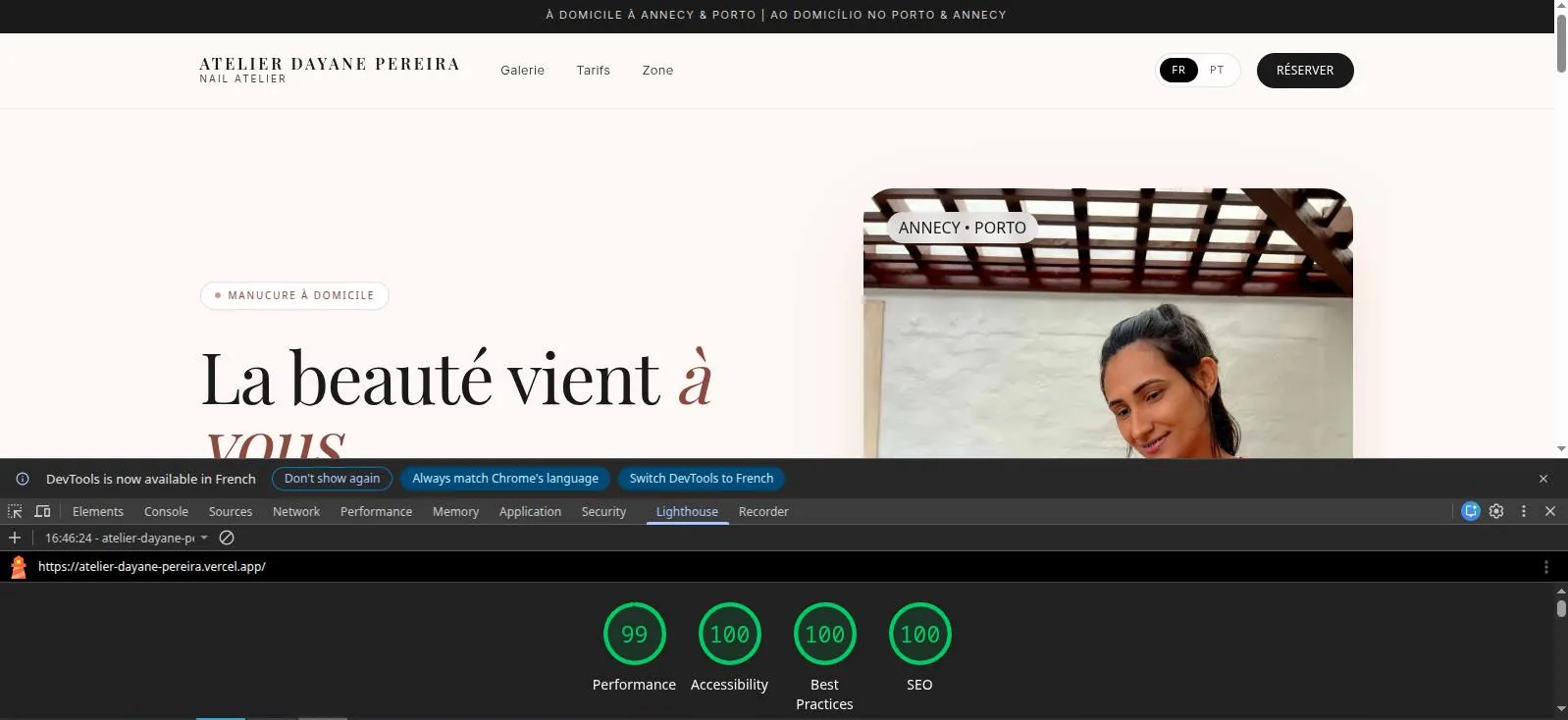Atelier Dayane Pereira - 99 Performance 100 Accessibilité 100 Best Practices 100 SEO